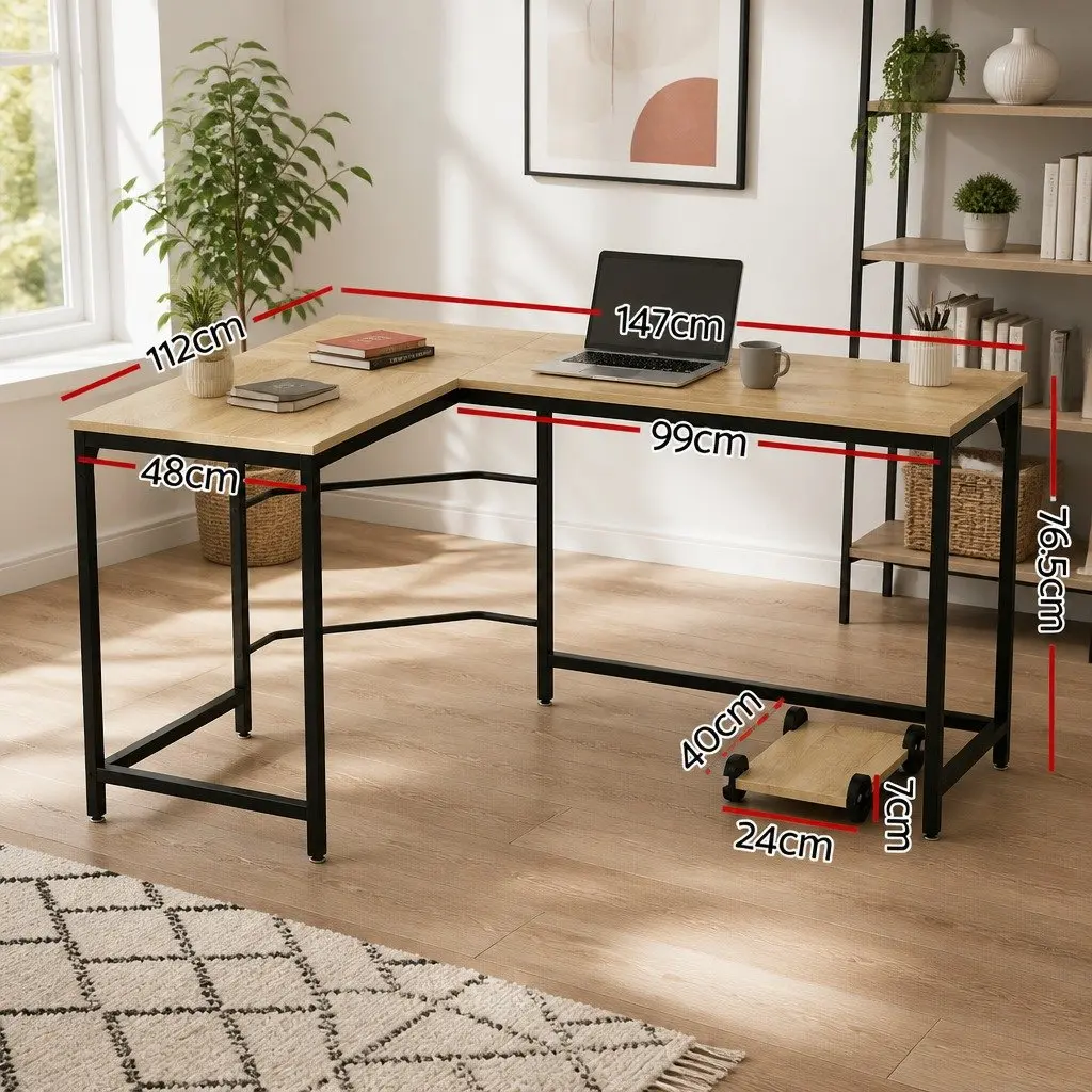 L-Shape Computer Desk Corner Office Workstation CPU Stand Oak 147cm Home Study