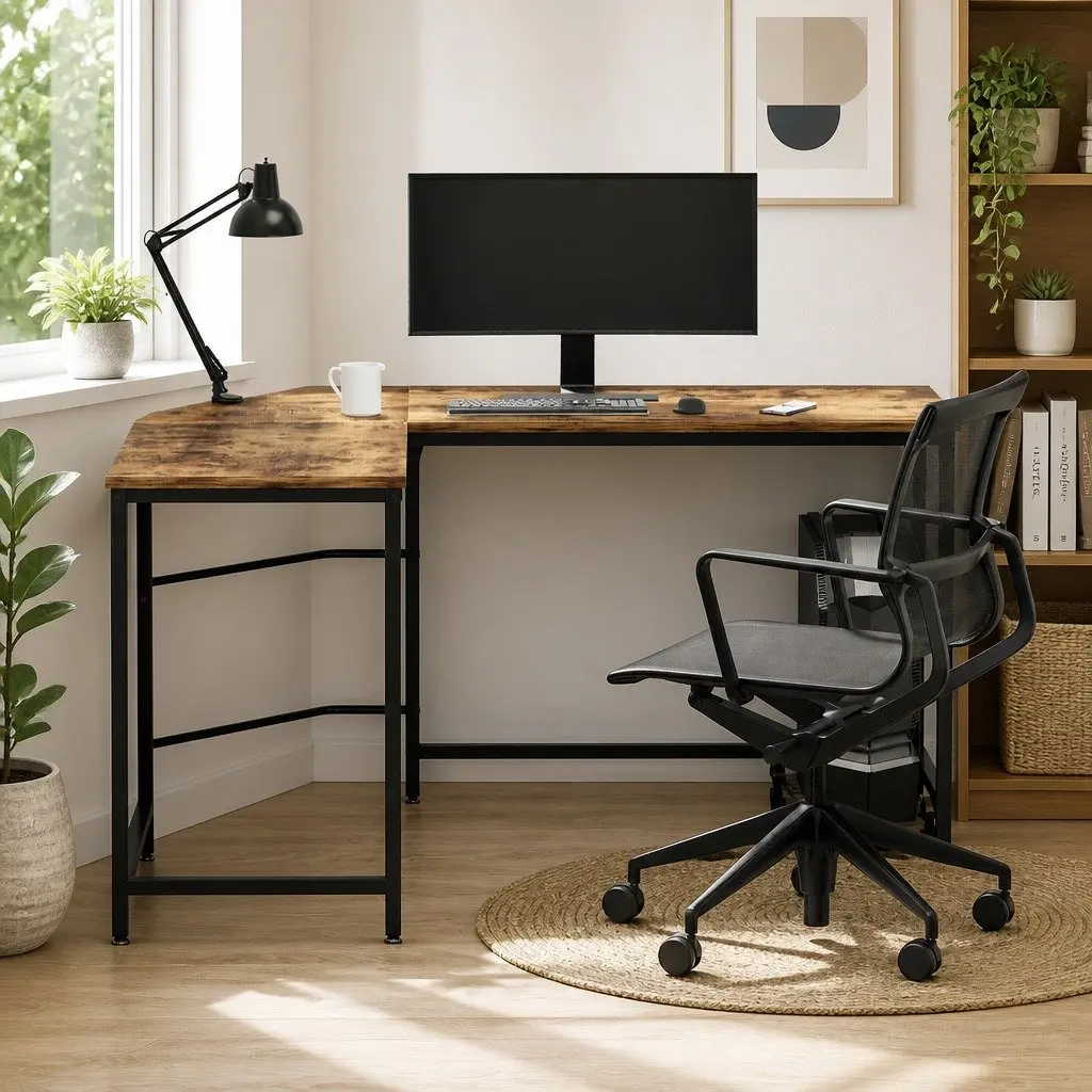 L-Shape Computer Desk Corner Office Workstation Study Table Brown 147cm