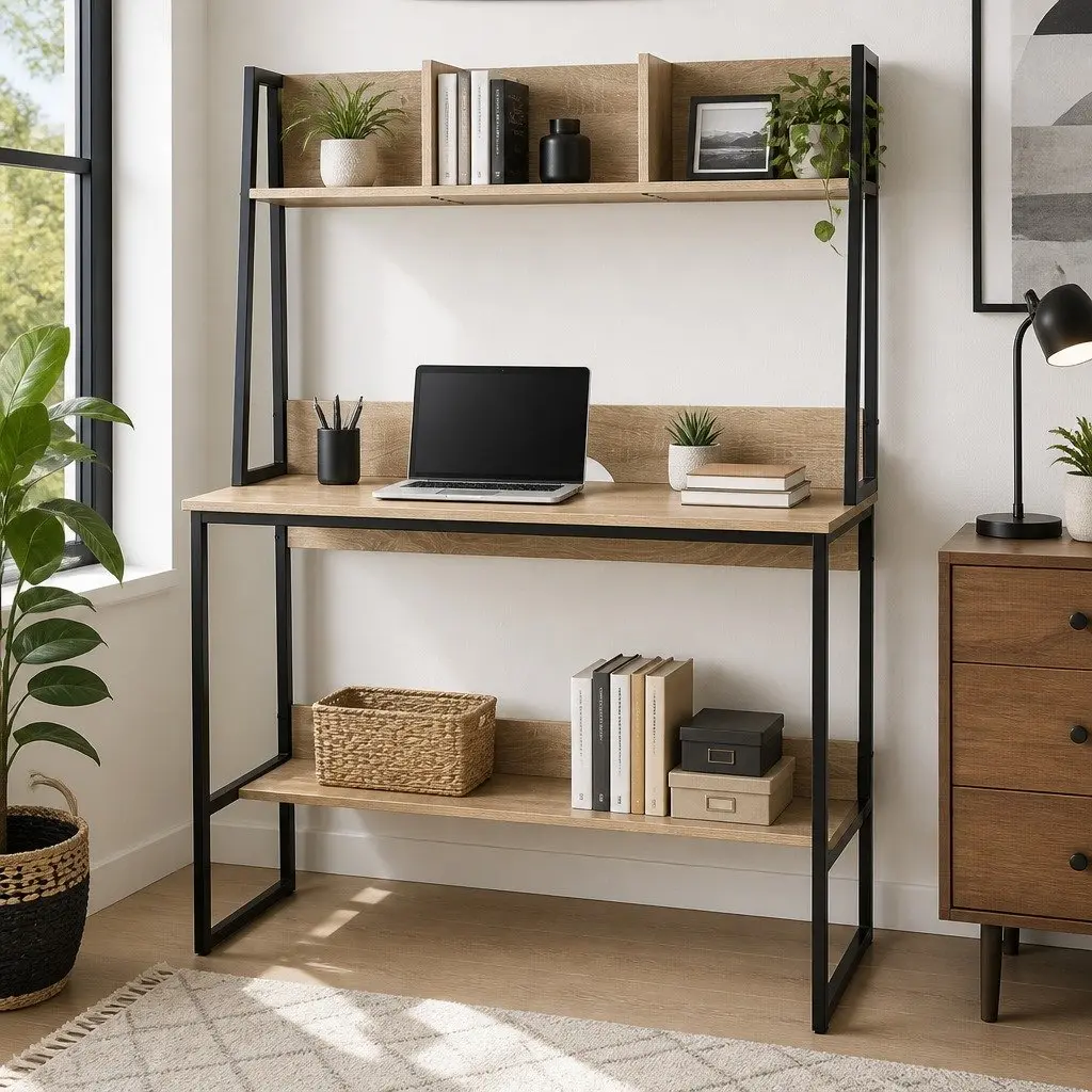 Computer Desk Oak Workstation 100CM Small Space with Bookshelf Storage