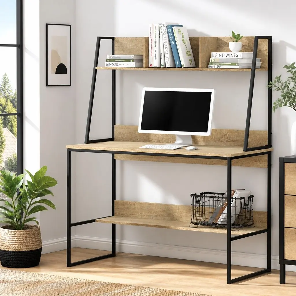 Computer Desk Oak Workstation 100CM Small Space with Bookshelf Storage