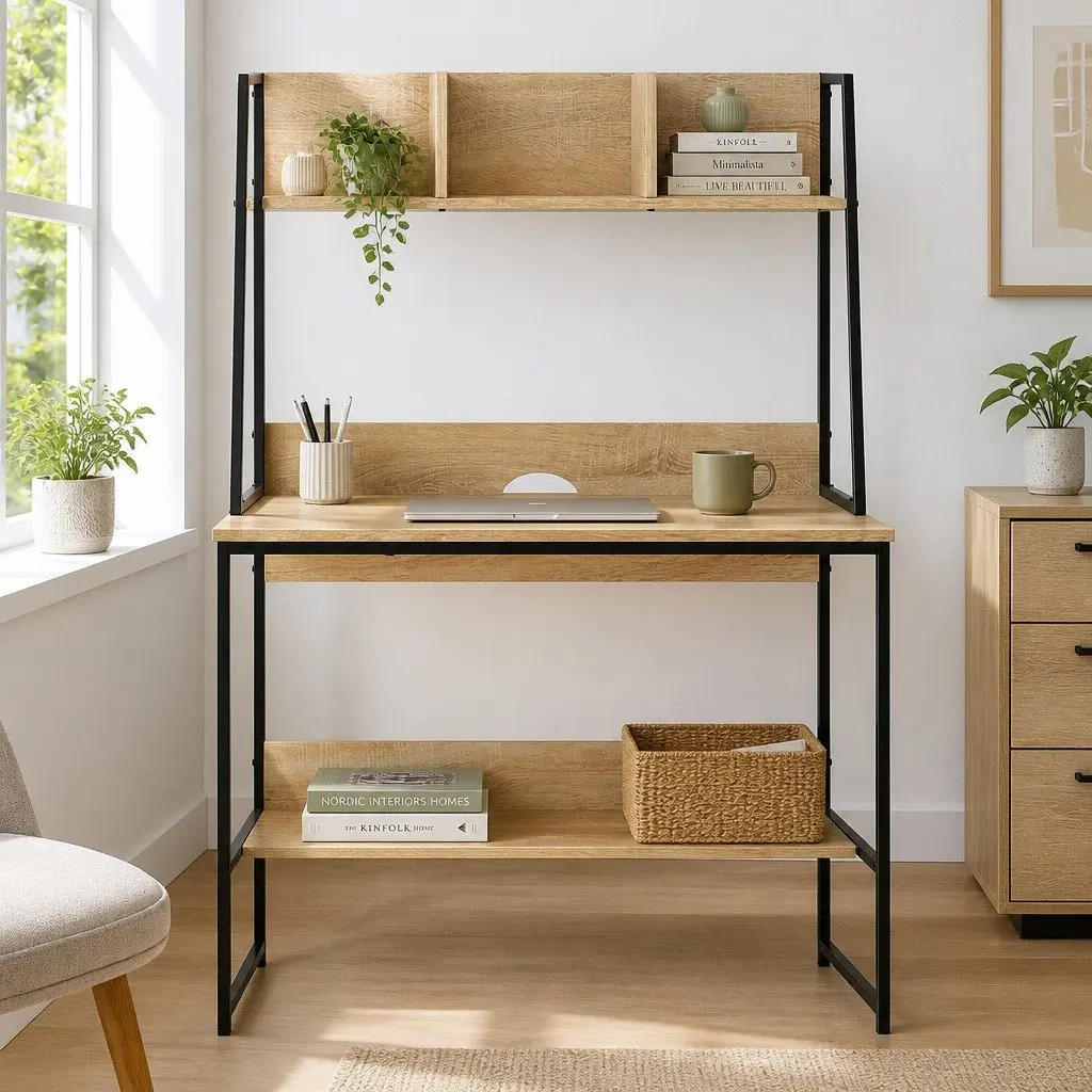 Computer Desk Oak Workstation 100CM Small Space with Bookshelf Storage