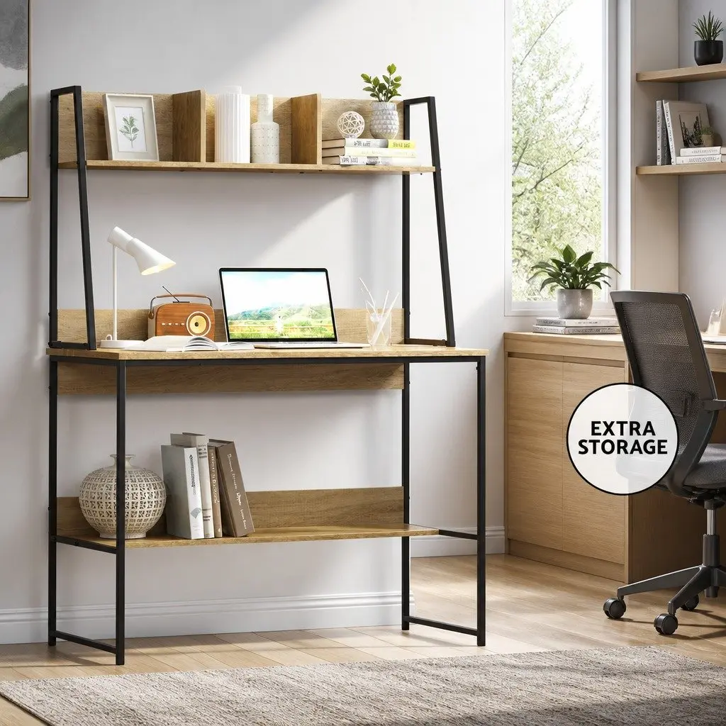 Computer Desk Oak Workstation 100CM Small Space with Bookshelf Storage