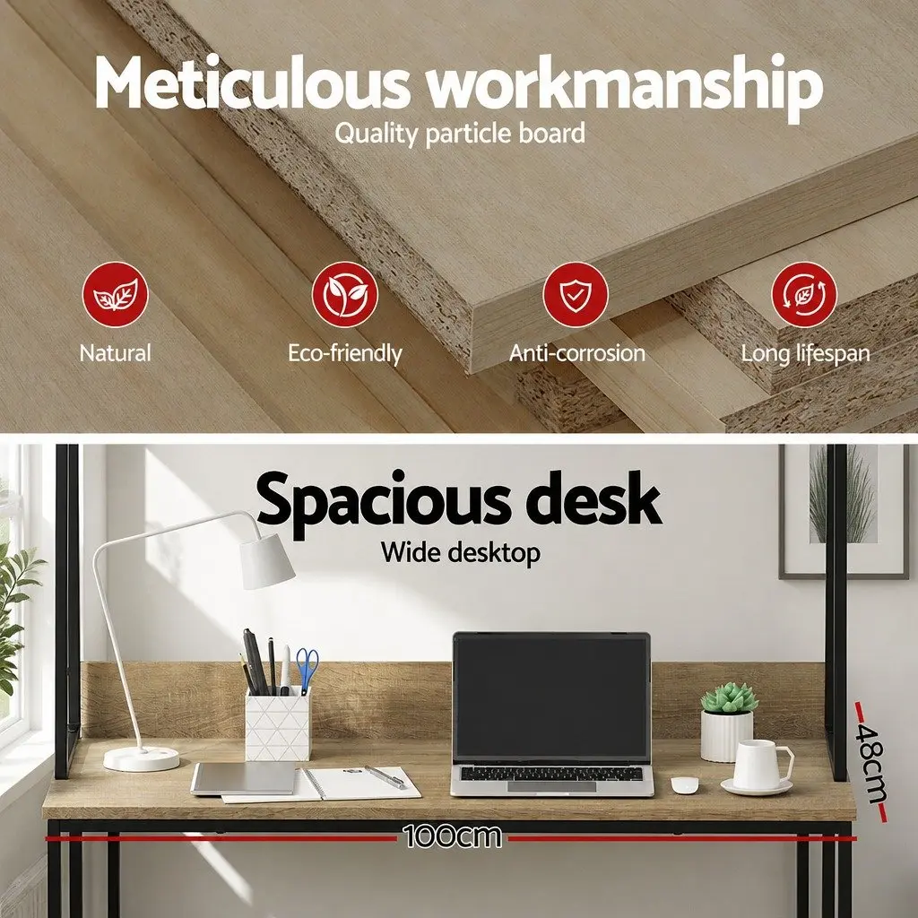 Computer Desk Oak Workstation 100CM Small Space with Bookshelf Storage
