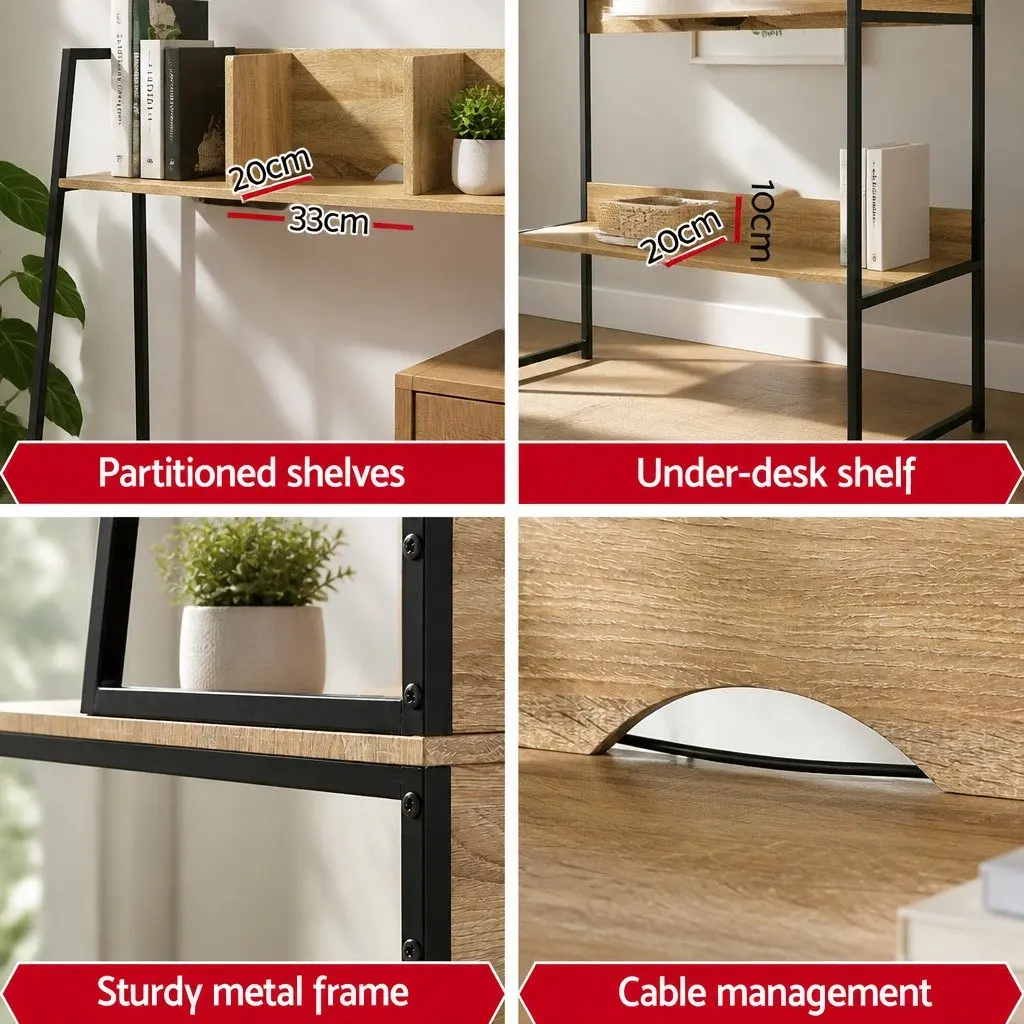 Computer Desk Oak Workstation 100CM Small Space with Bookshelf Storage