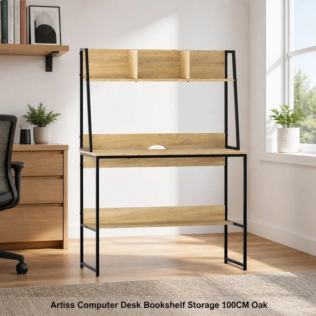 Computer Desk Oak Workstation 100CM Small Space with Bookshelf Storage