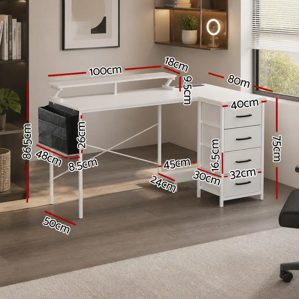 L Shaped Gaming Computer Desk 140cm White Workspace with LED Lighting