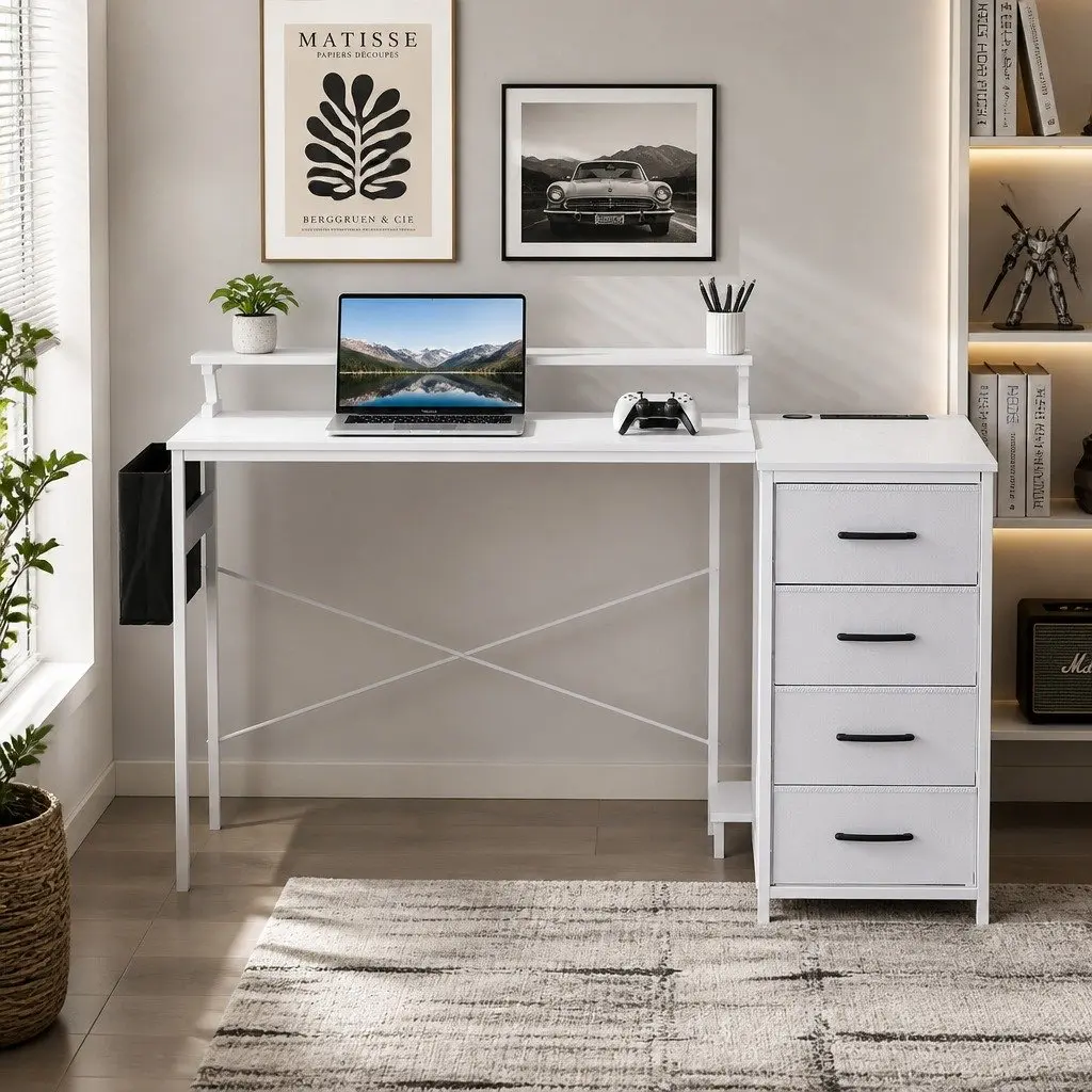 L Shaped Gaming Computer Desk 140cm White Workspace with LED Lighting
