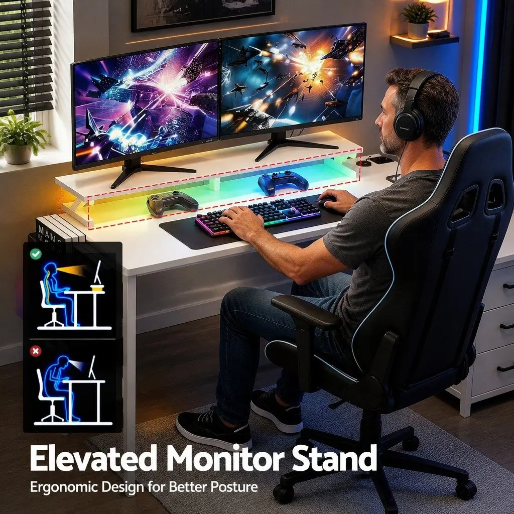 L Shaped Gaming Computer Desk 140cm White Workspace with LED Lighting
