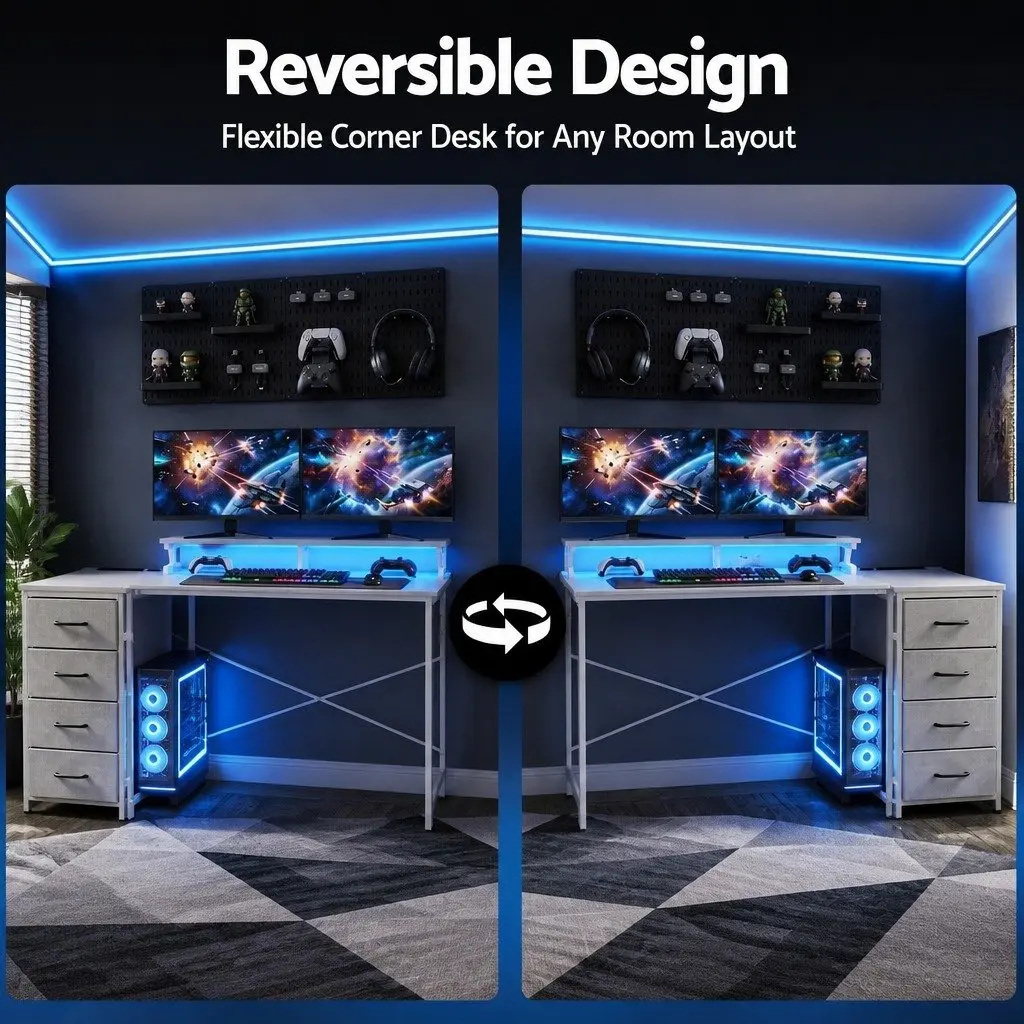 L Shaped Gaming Computer Desk 140cm White Workspace with LED Lighting