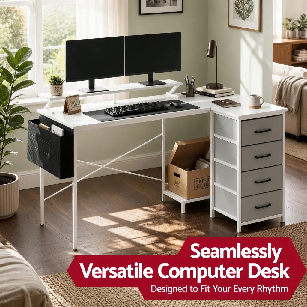 L Shaped Gaming Computer Desk 140cm White Workspace with LED Lighting