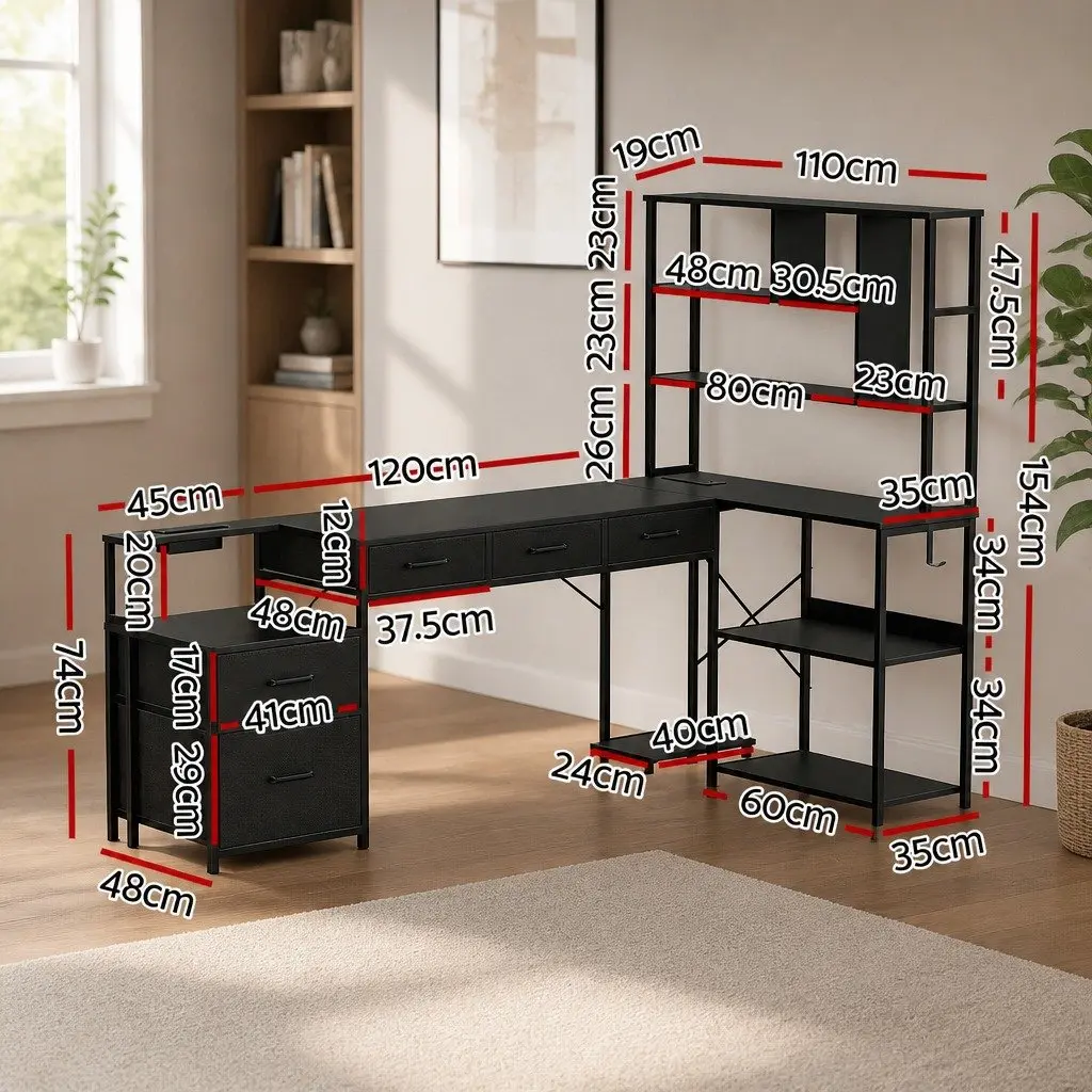 L Shaped Gaming Computer Desk 200cm with RGB LED Lights Power Outlets Black