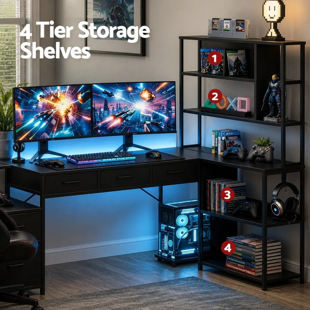 L Shaped Gaming Computer Desk 200cm with RGB LED Lights Power Outlets Black