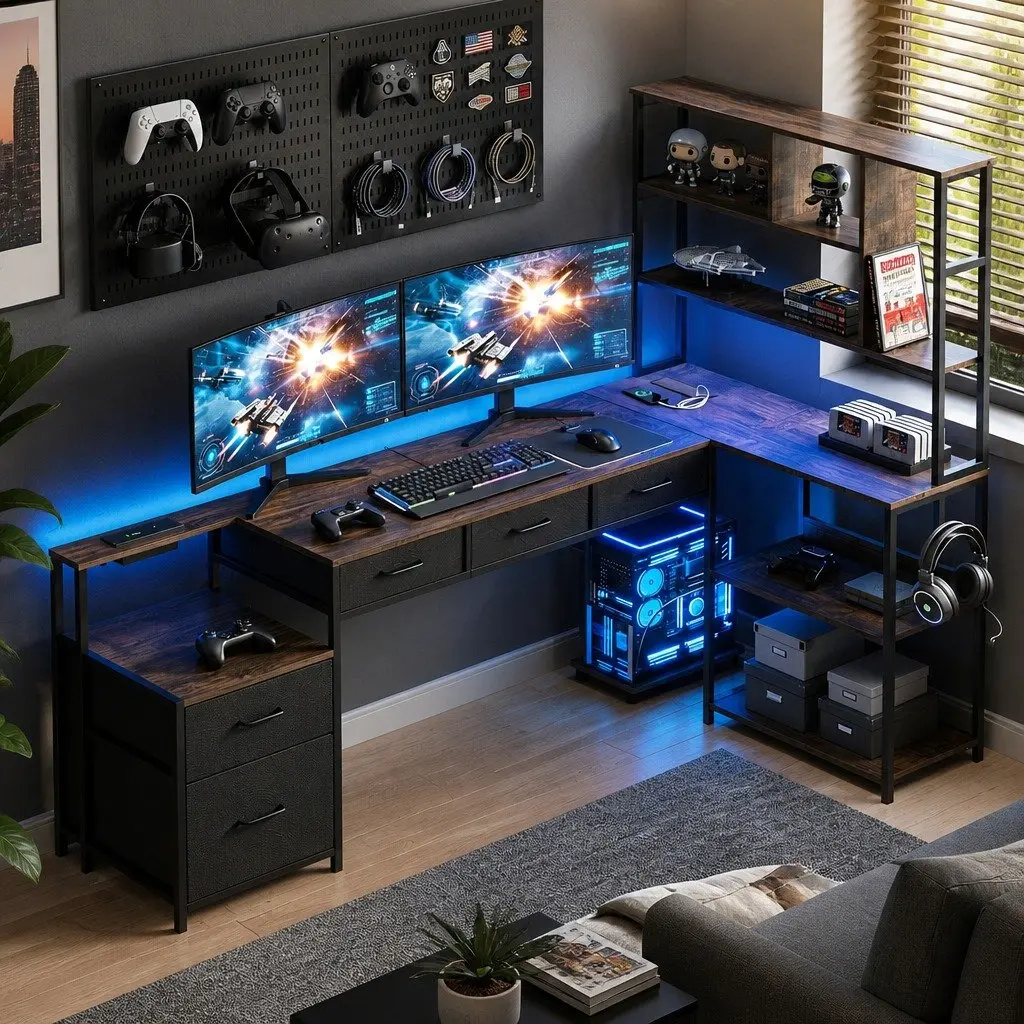 L Shaped Gaming Computer Desk 200cm Workspace Rustic Brown with LED Lights Power Outlets