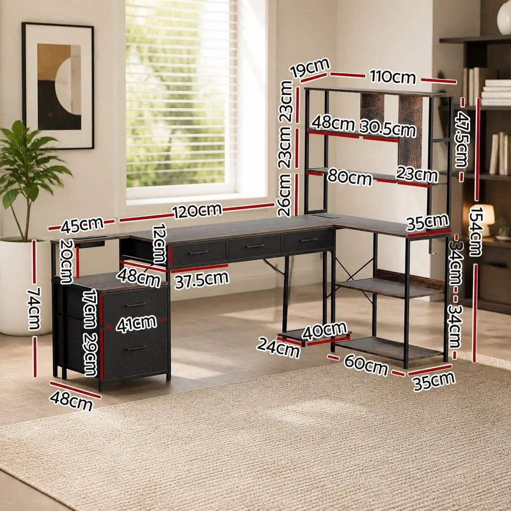 L Shaped Gaming Computer Desk 200cm Workspace Rustic Brown with LED Lights Power Outlets