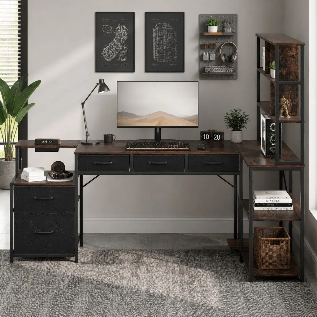 L Shaped Gaming Computer Desk 200cm Workspace Rustic Brown with LED Lights Power Outlets