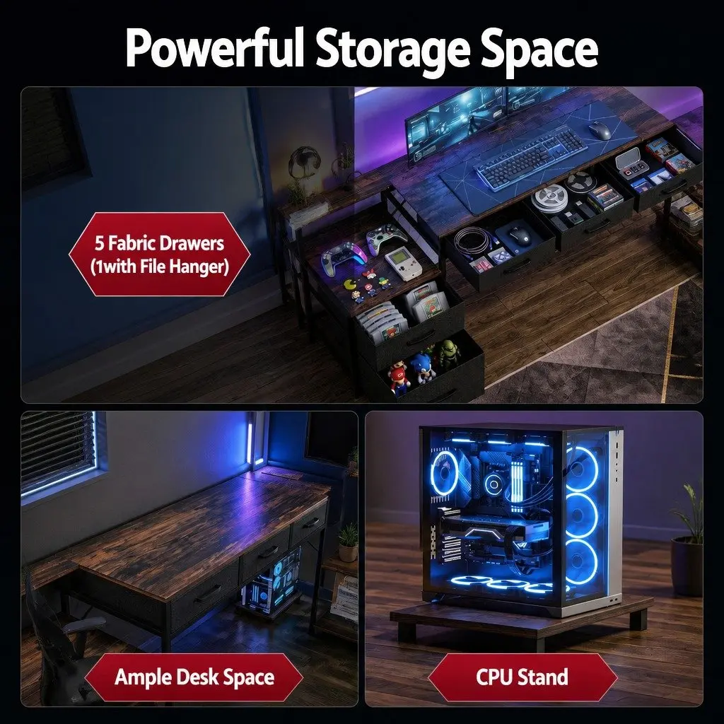 L Shaped Gaming Computer Desk 200cm Workspace Rustic Brown with LED Lights Power Outlets