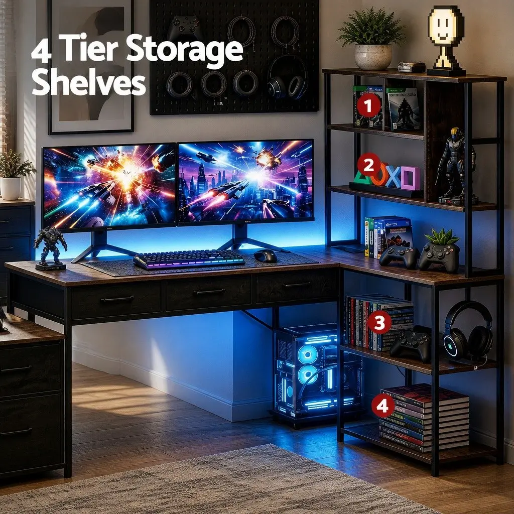 L Shaped Gaming Computer Desk 200cm Workspace Rustic Brown with LED Lights Power Outlets