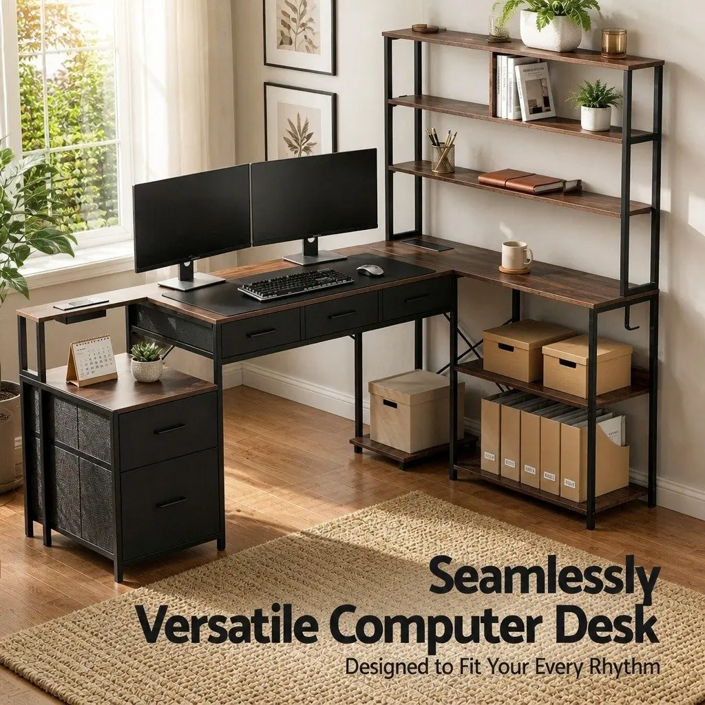 L Shaped Gaming Computer Desk 200cm Workspace Rustic Brown with LED Lights Power Outlets