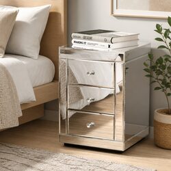 Bedside Table 3 Drawers Mirrored Silver Bedroom Storage Nightstand