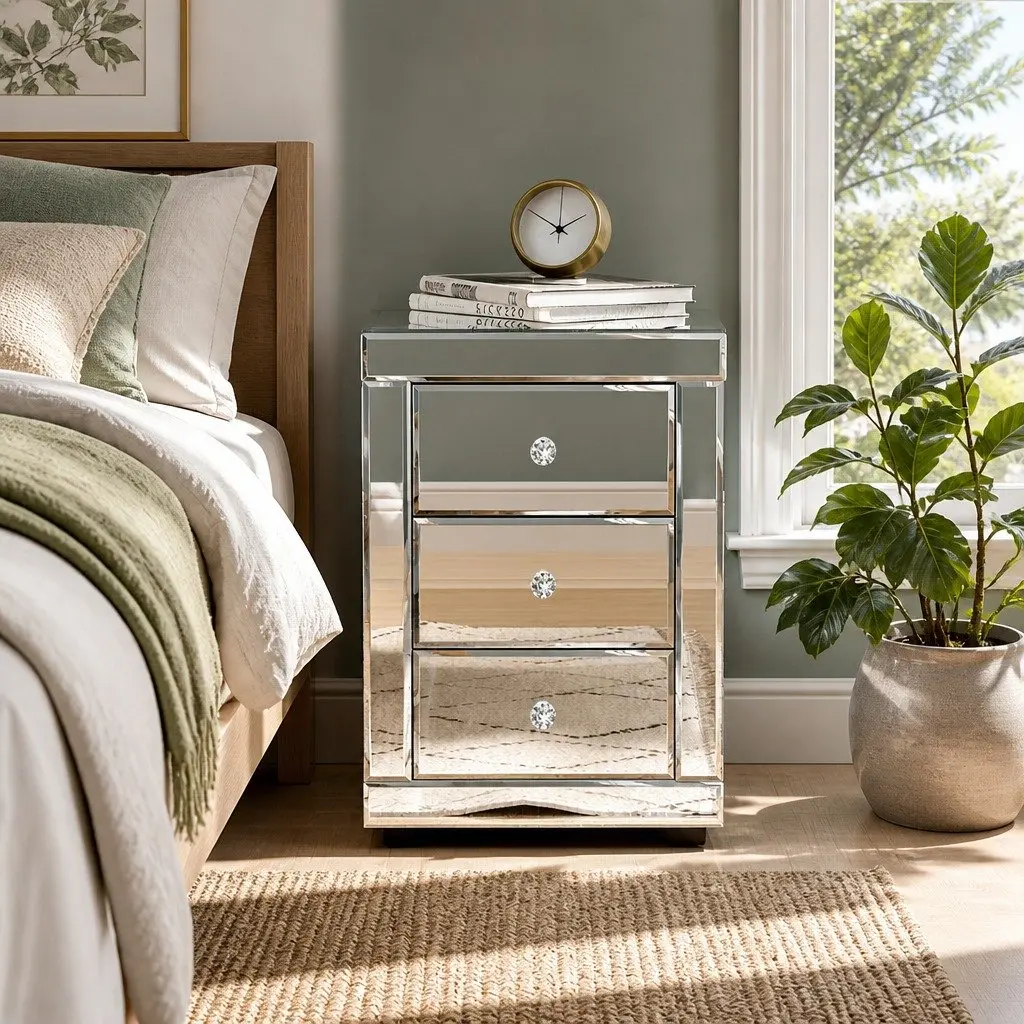 Mirrored Nightstand with Ample Storage Space