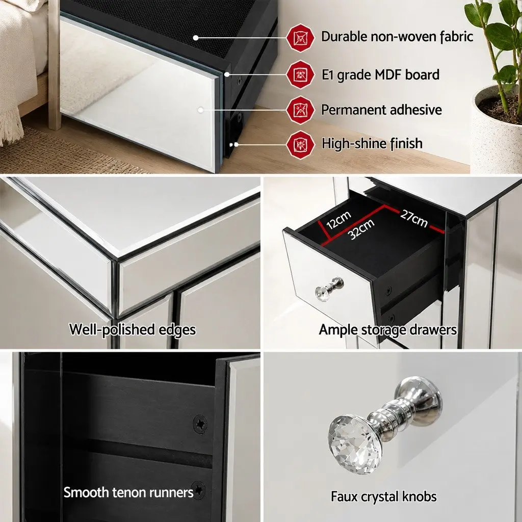 Mirrored Nightstand with Ample Storage Space