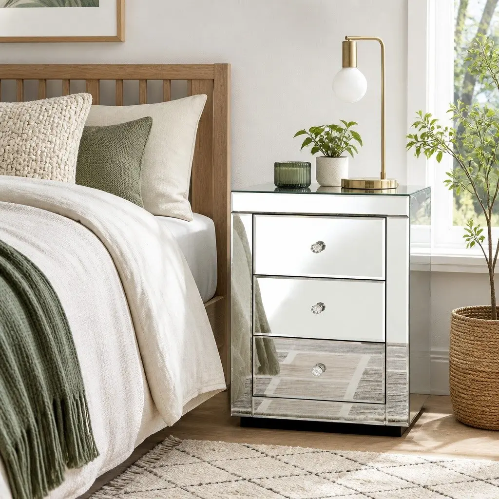 Mirrored Nightstand with Ample Storage Space
