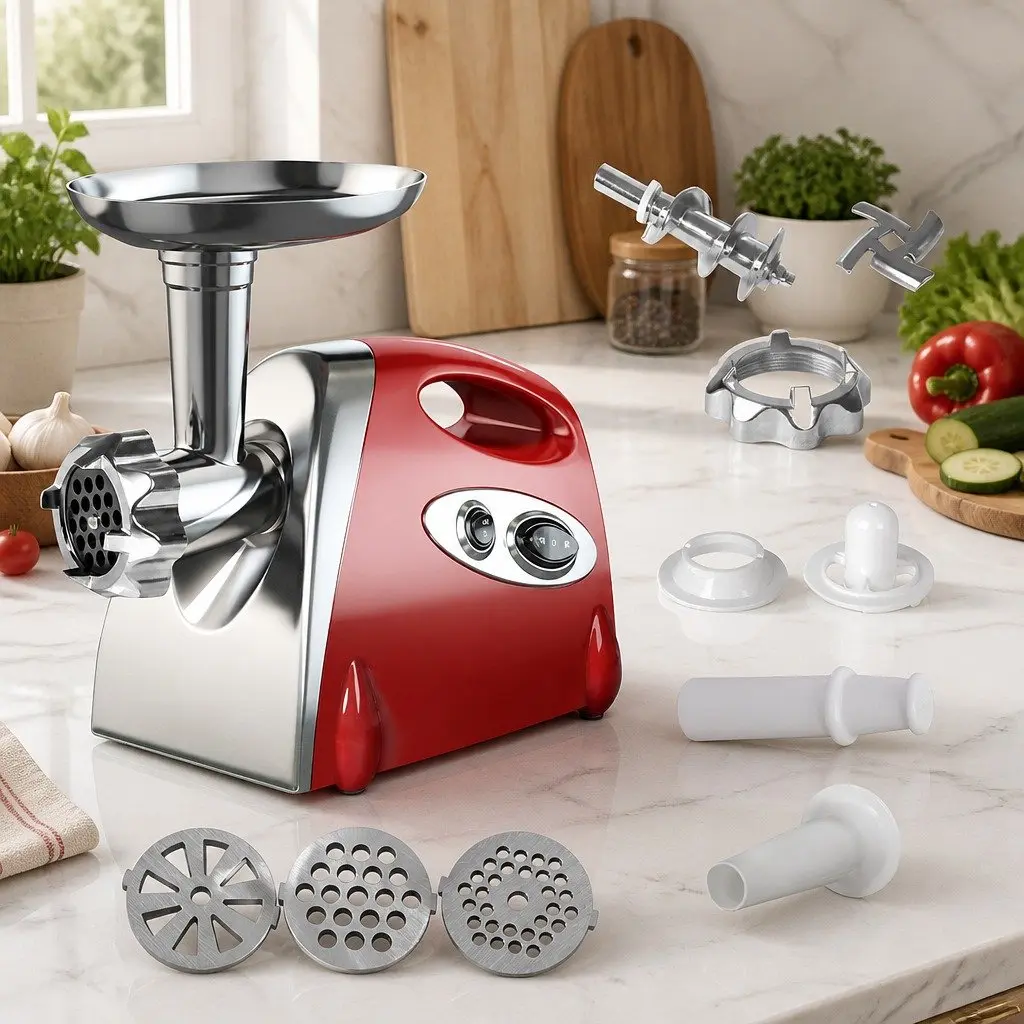 Electric Meat Grinder Mincer 800W with Sausage Funnel Three Grinding Options Red Silver Black White