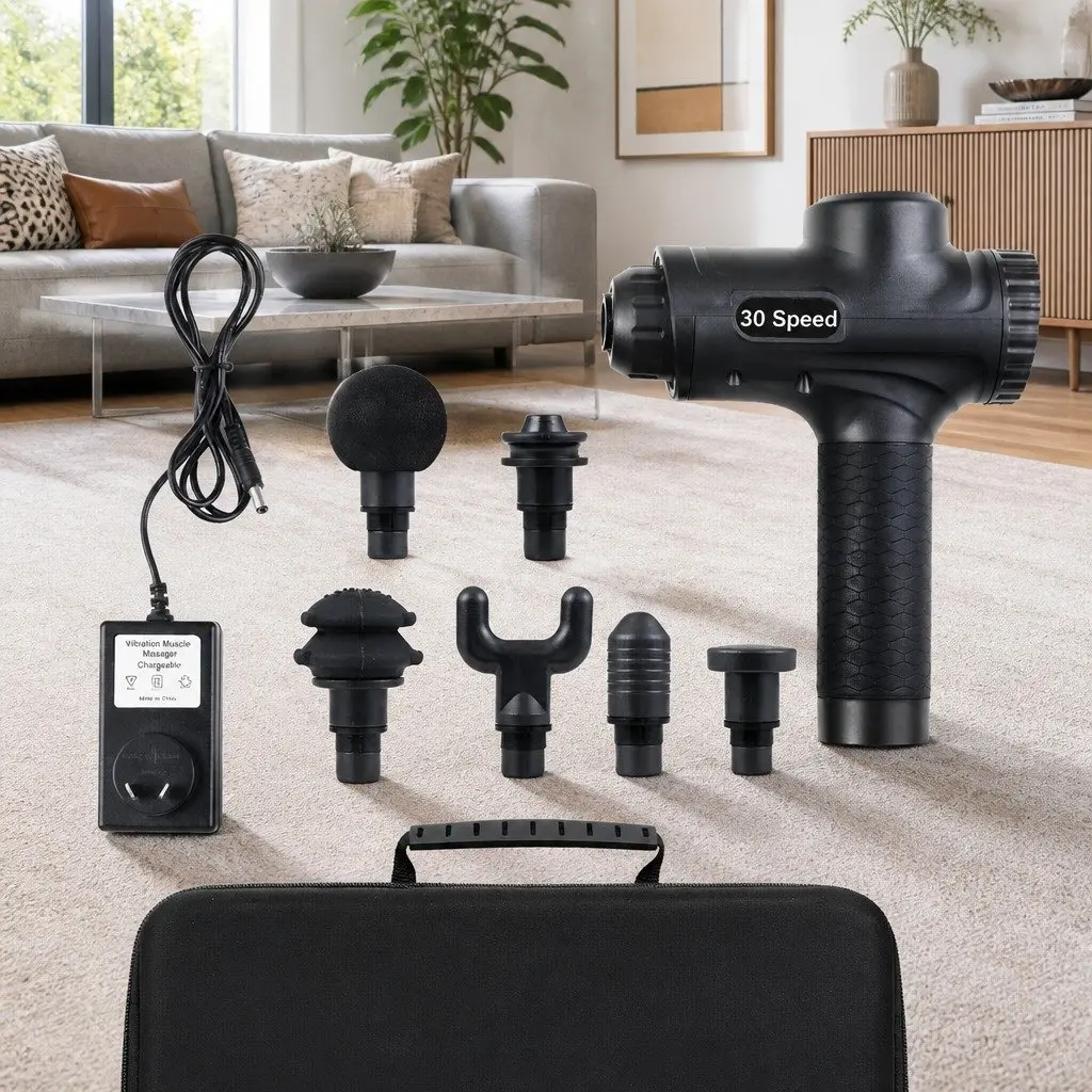 Massage Gun Percussion Muscle Massager 30 Speed 6 Heads Rechargeable Black