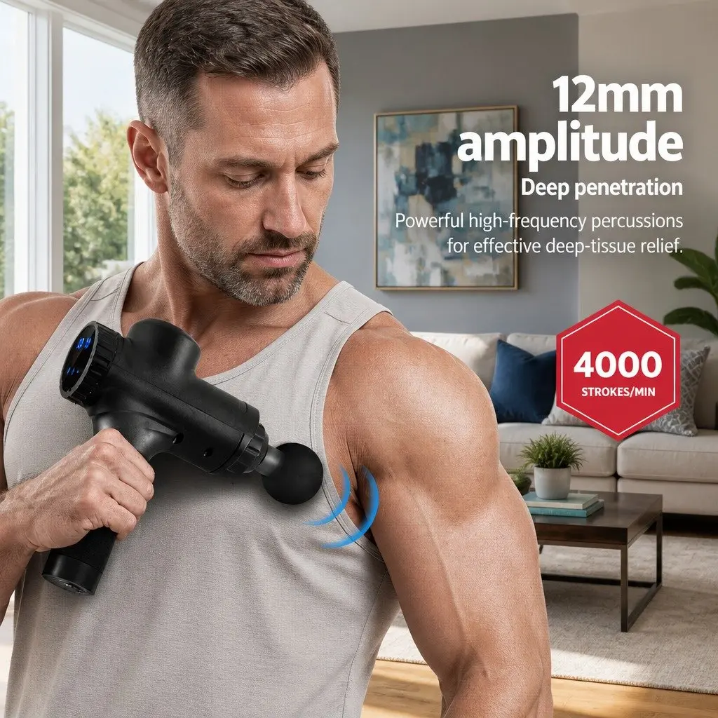 Massage Gun Percussion Muscle Massager 30 Speed 6 Heads Rechargeable Black