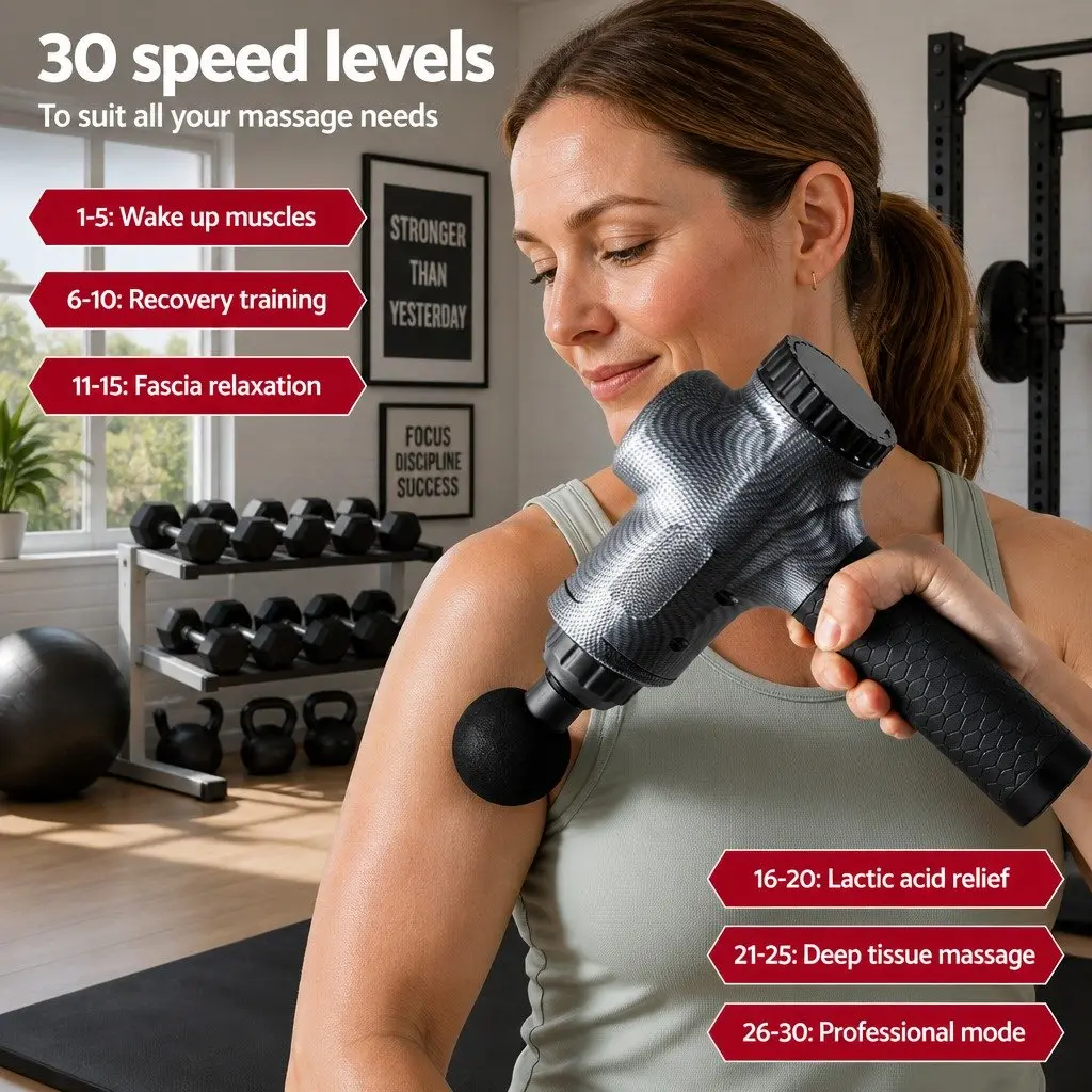 Massage Gun 30 Speed 6 Heads Vibration Muscle Massager Rechargeable Grey