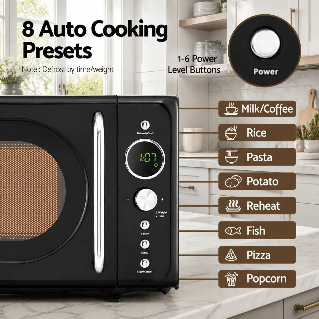 Microwave Oven 20L Digital Black Kitchen 700W 8 Auto Cook Menus