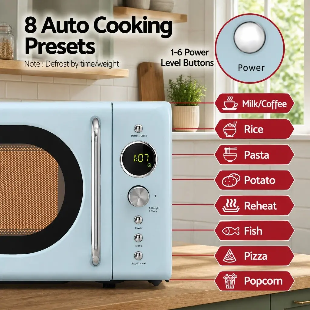 Microwave Oven 20L Digital Control Blue 8 Auto Cook Menus Defrost Timer Kitchen