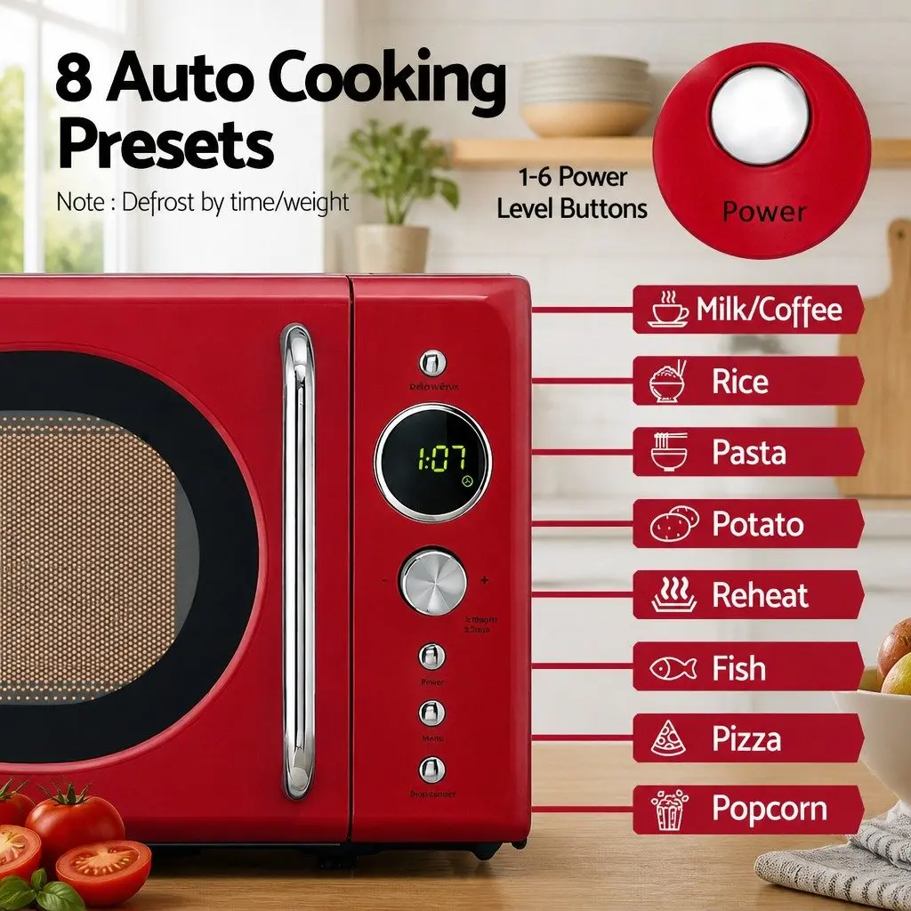 Microwave Oven 20L Digital Control Red 700W 8 Auto Cook Menus 6 Power Levels