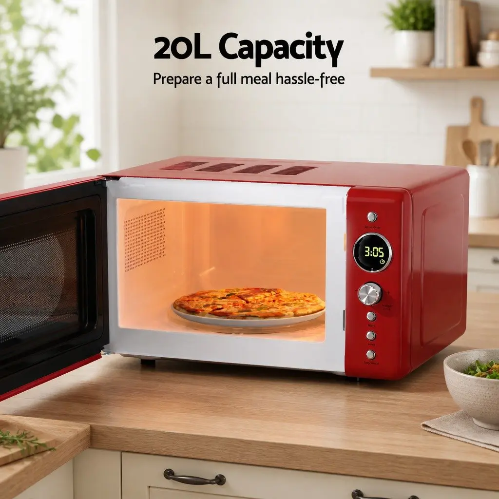 Microwave Oven 20L Digital Control Red 700W 8 Auto Cook Menus 6 Power Levels