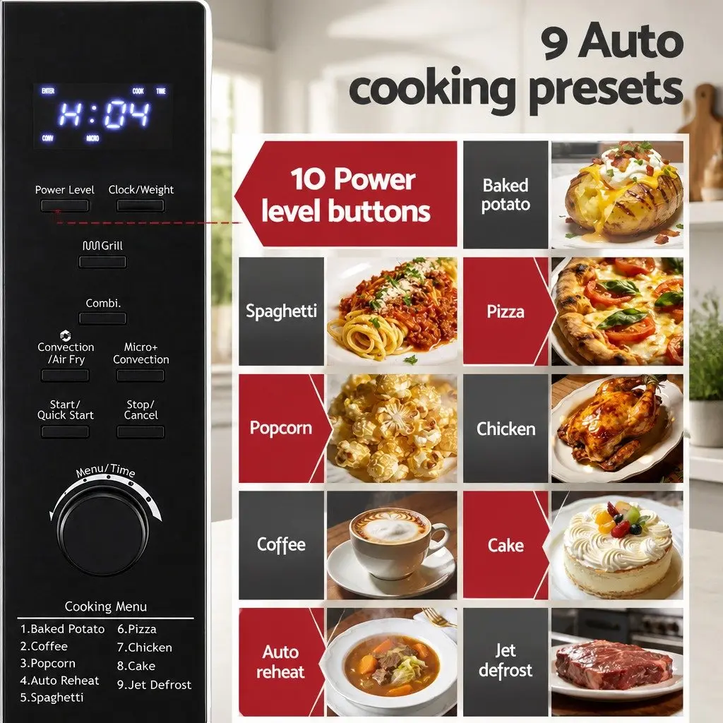 30L Black Digital Microwave Oven 4-in-1 Air Fryer Grill Convection Cooker with LED Display