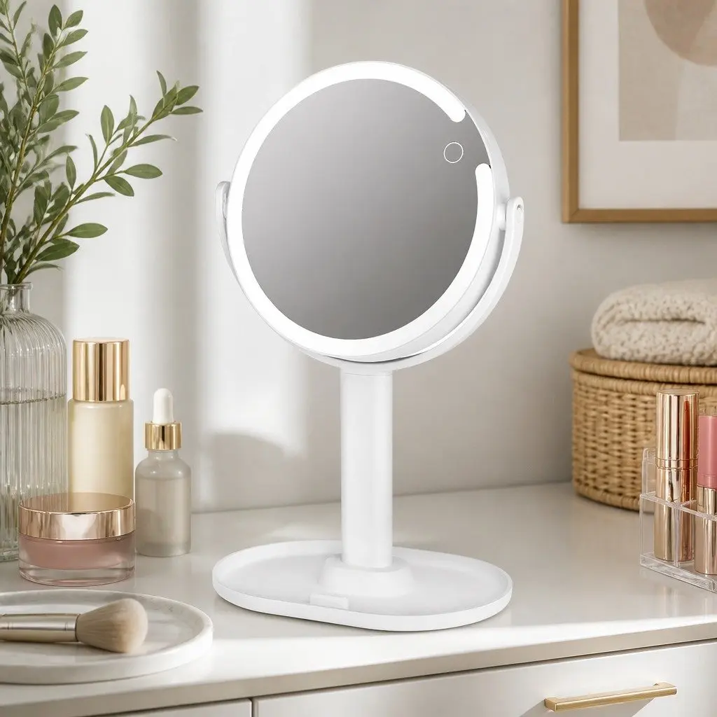 LED Makeup Mirror 10x Magnifying Double-Sided Round with Light USB Rechargeable White