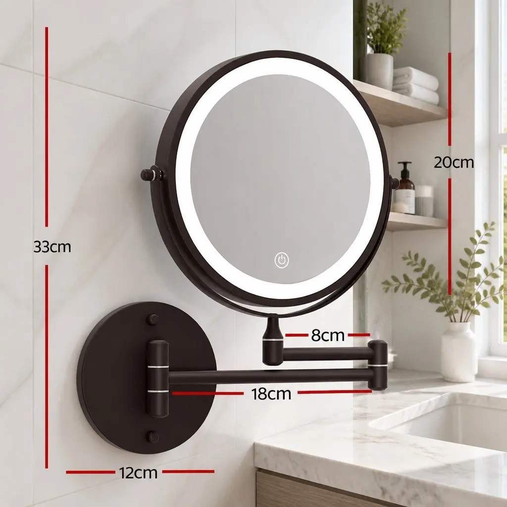 Makeup Mirror Extendable 10X Magnification Brown LED Illuminated 33cm x 32cm