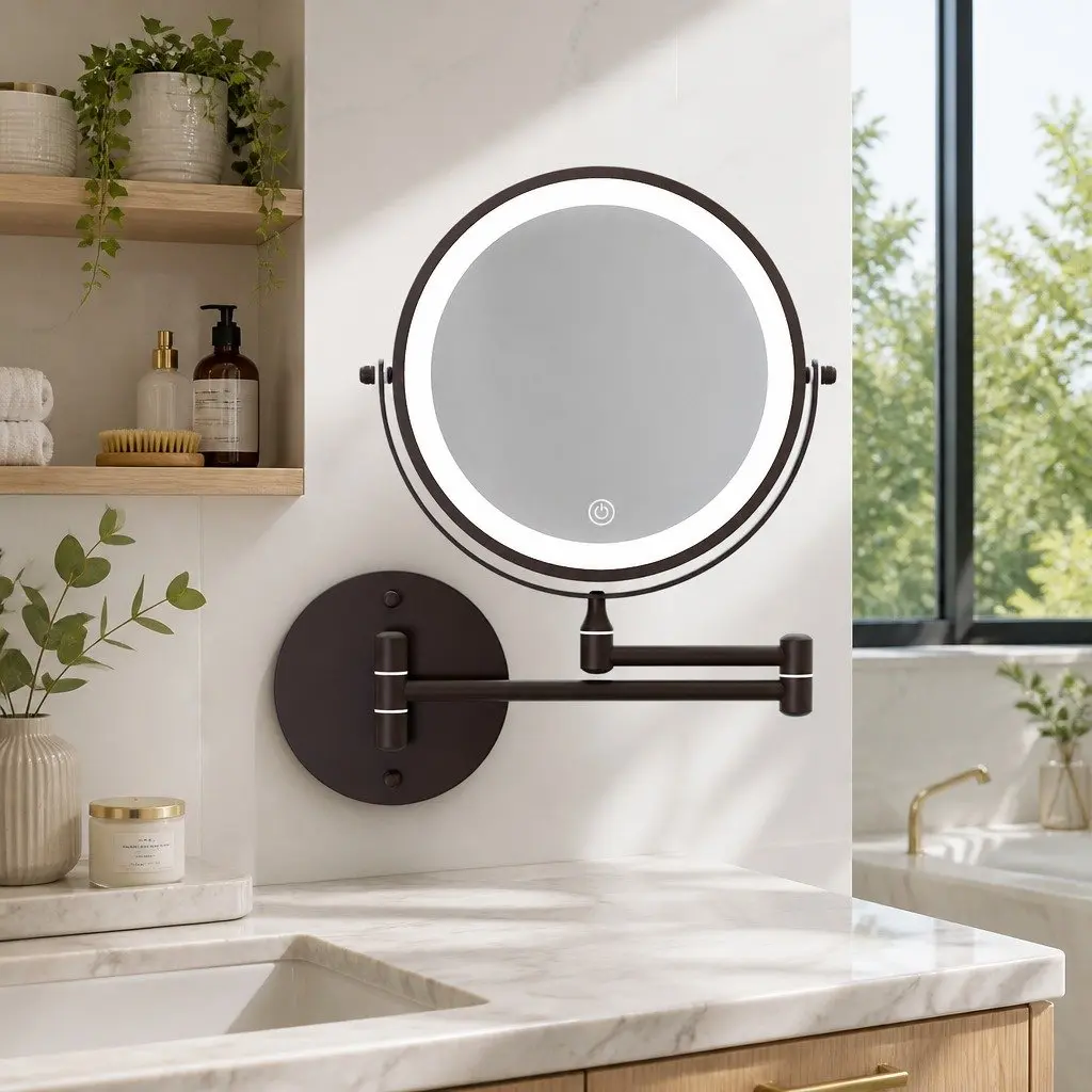 Makeup Mirror Extendable 10X Magnification Brown LED Illuminated 33cm x 32cm