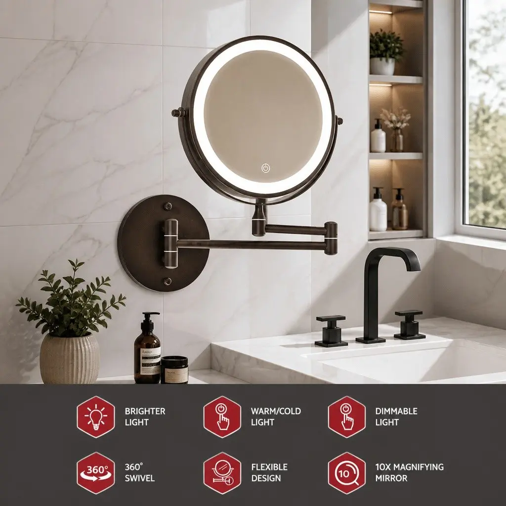 Makeup Mirror Extendable 10X Magnification Brown LED Illuminated 33cm x 32cm