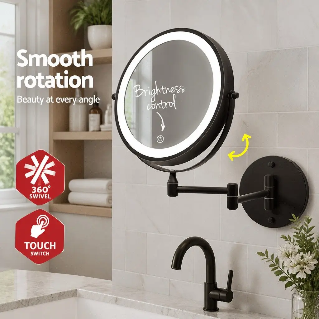Makeup Mirror Extendable 10X Magnification Brown LED Illuminated 33cm x 32cm