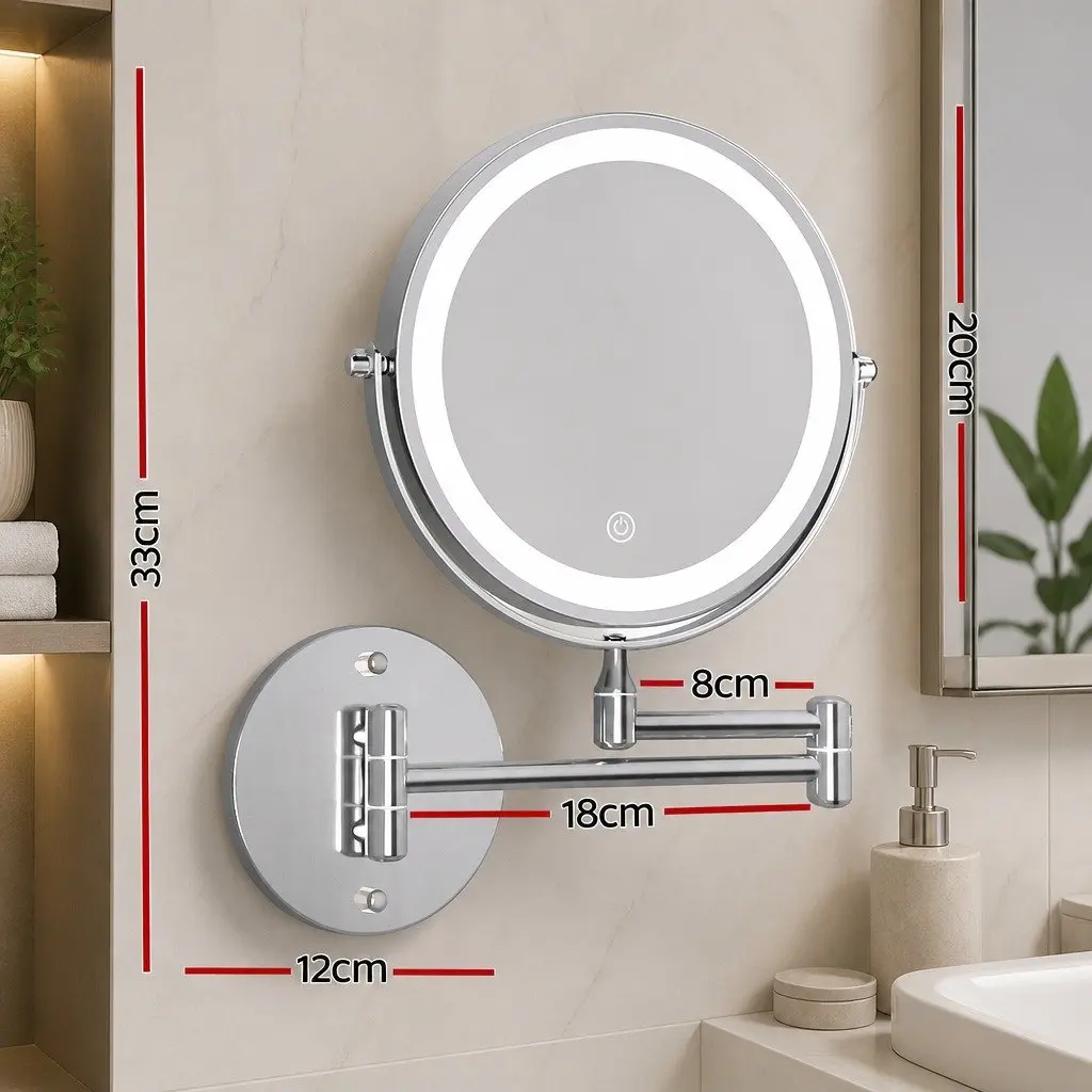 Makeup Mirror Extendable 10X Magnifying LED Bathroom Tabletop Silver 33cm W x 32cm H