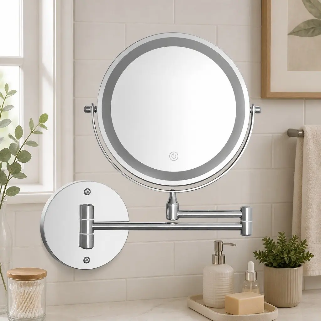 Makeup Mirror Extendable 10X Magnifying LED Bathroom Tabletop Silver 33cm W x 32cm H