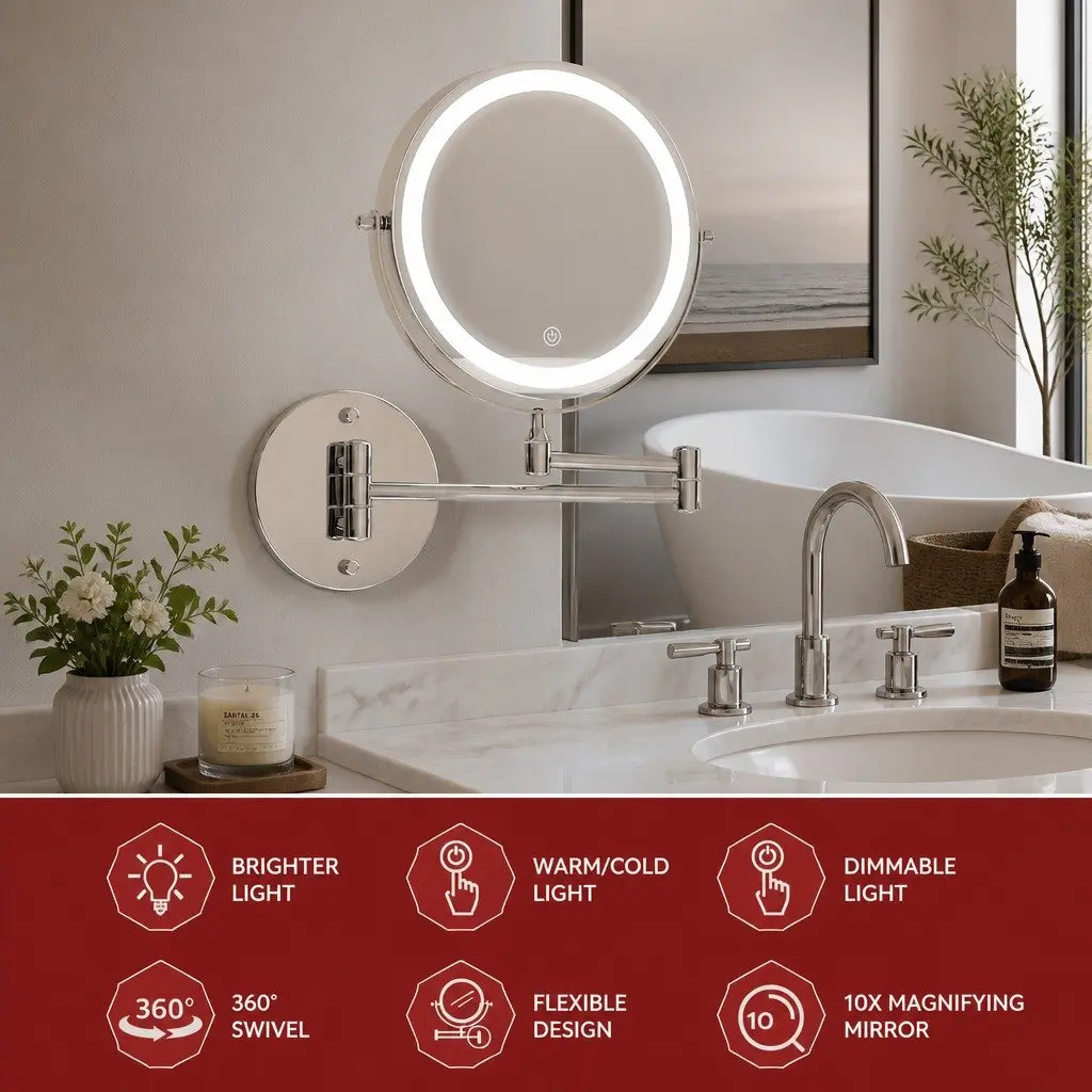 Makeup Mirror Extendable 10X Magnifying LED Bathroom Tabletop Silver 33cm W x 32cm H