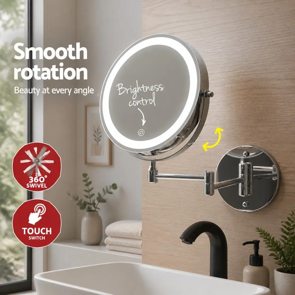 Makeup Mirror Extendable 10X Magnifying LED Bathroom Tabletop Silver 33cm W x 32cm H