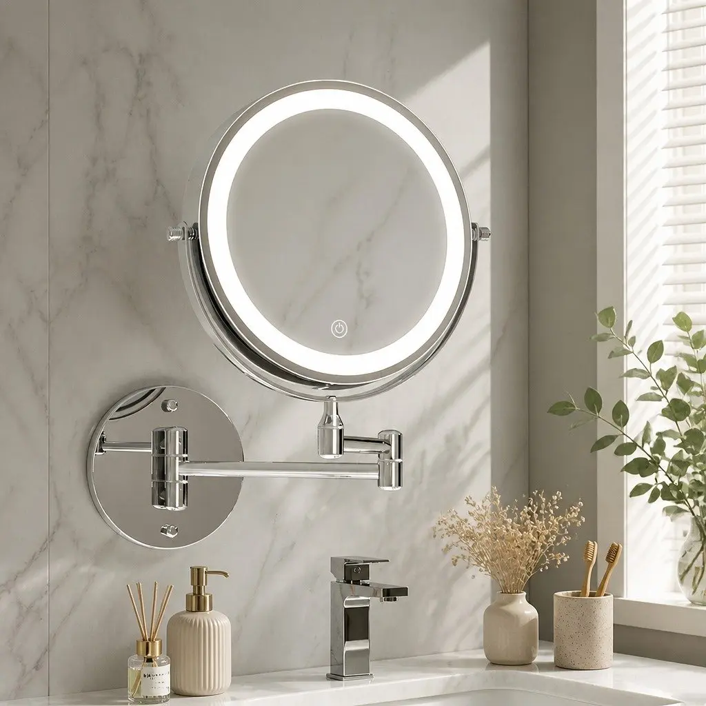 Makeup Mirror Extendable 10X Magnifying LED Bathroom Tabletop Silver 33cm W x 32cm H