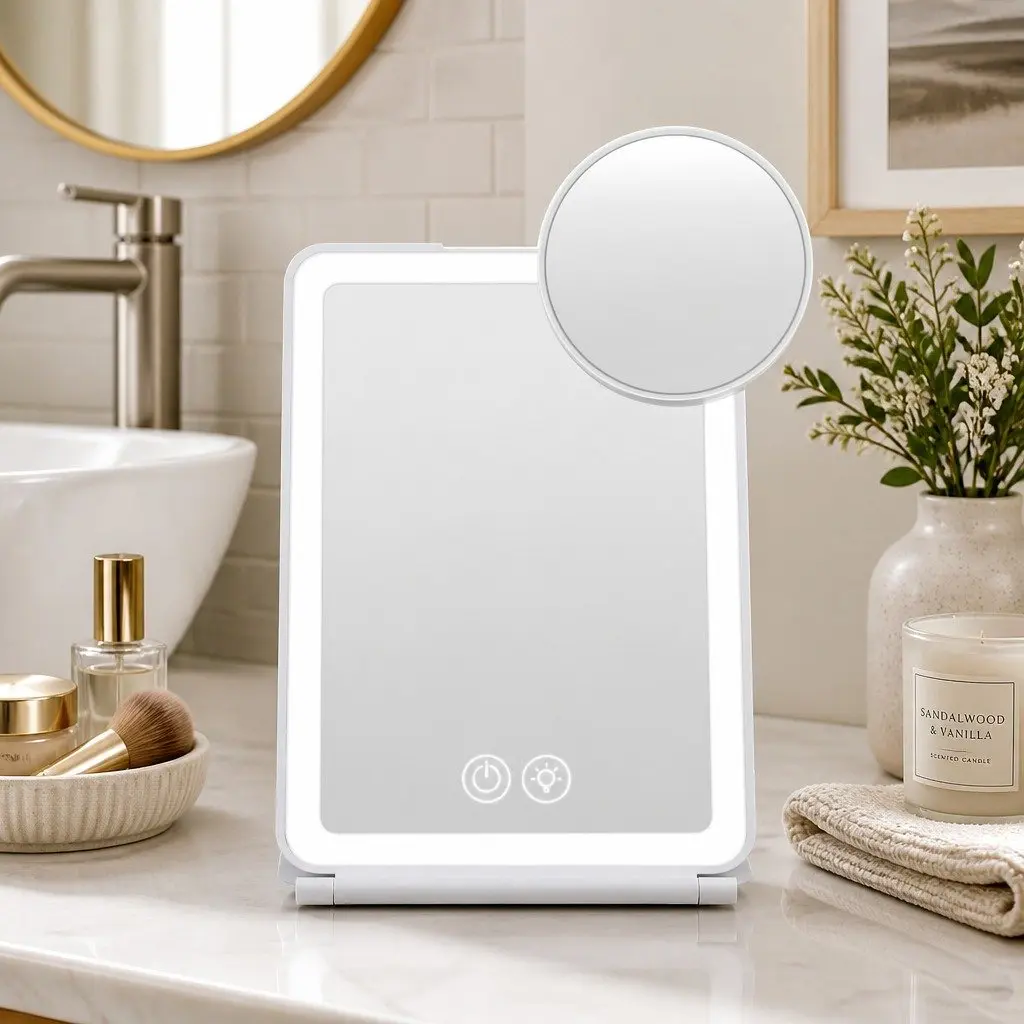 Portable Makeup Mirror with Lights 10x Magnifier Rechargeable White Travel Vanity