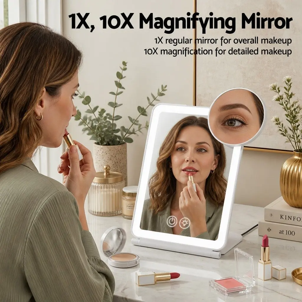 Portable Makeup Mirror with Lights 10x Magnifier Rechargeable White Travel Vanity