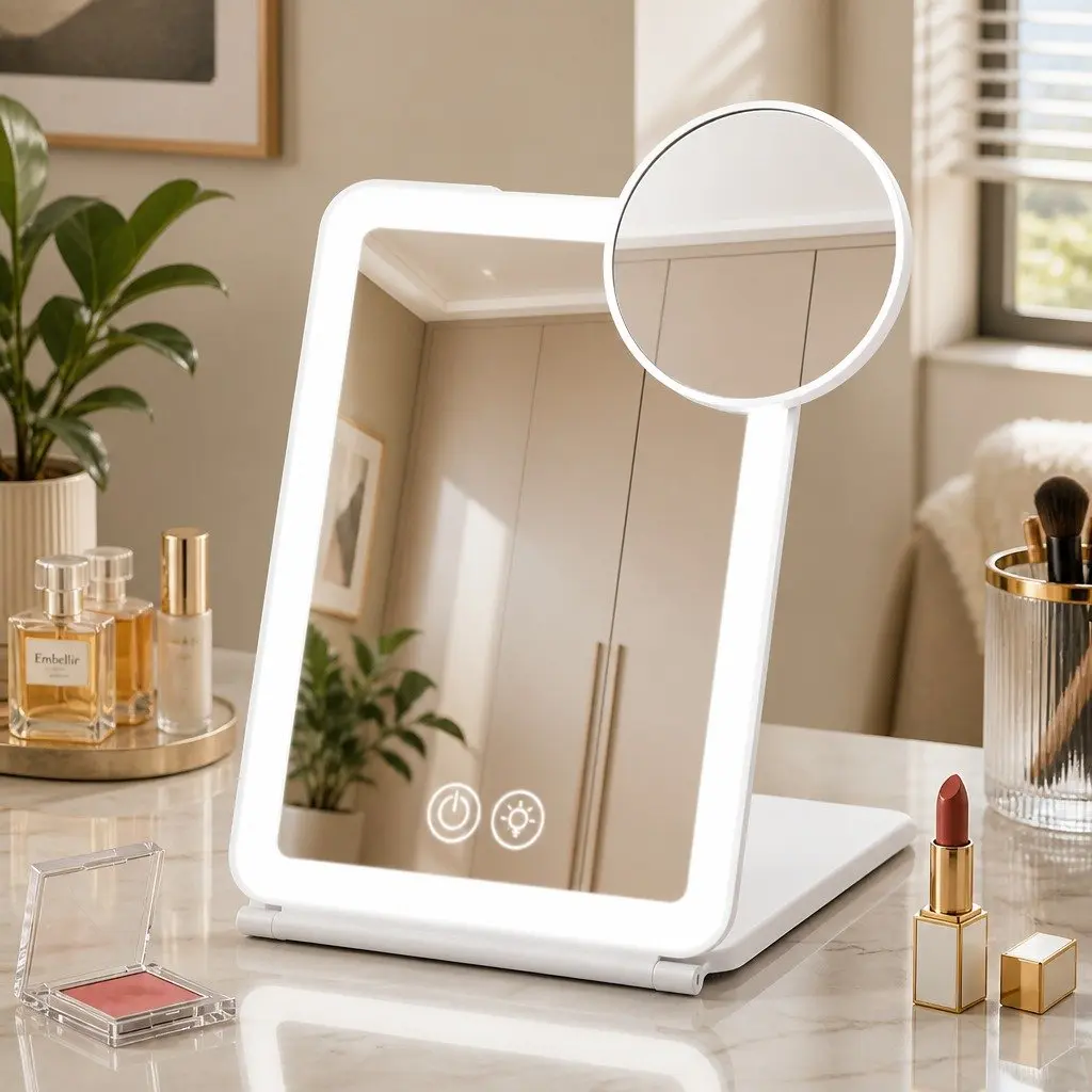 Portable Makeup Mirror with Lights 10x Magnifier Rechargeable White Travel Vanity