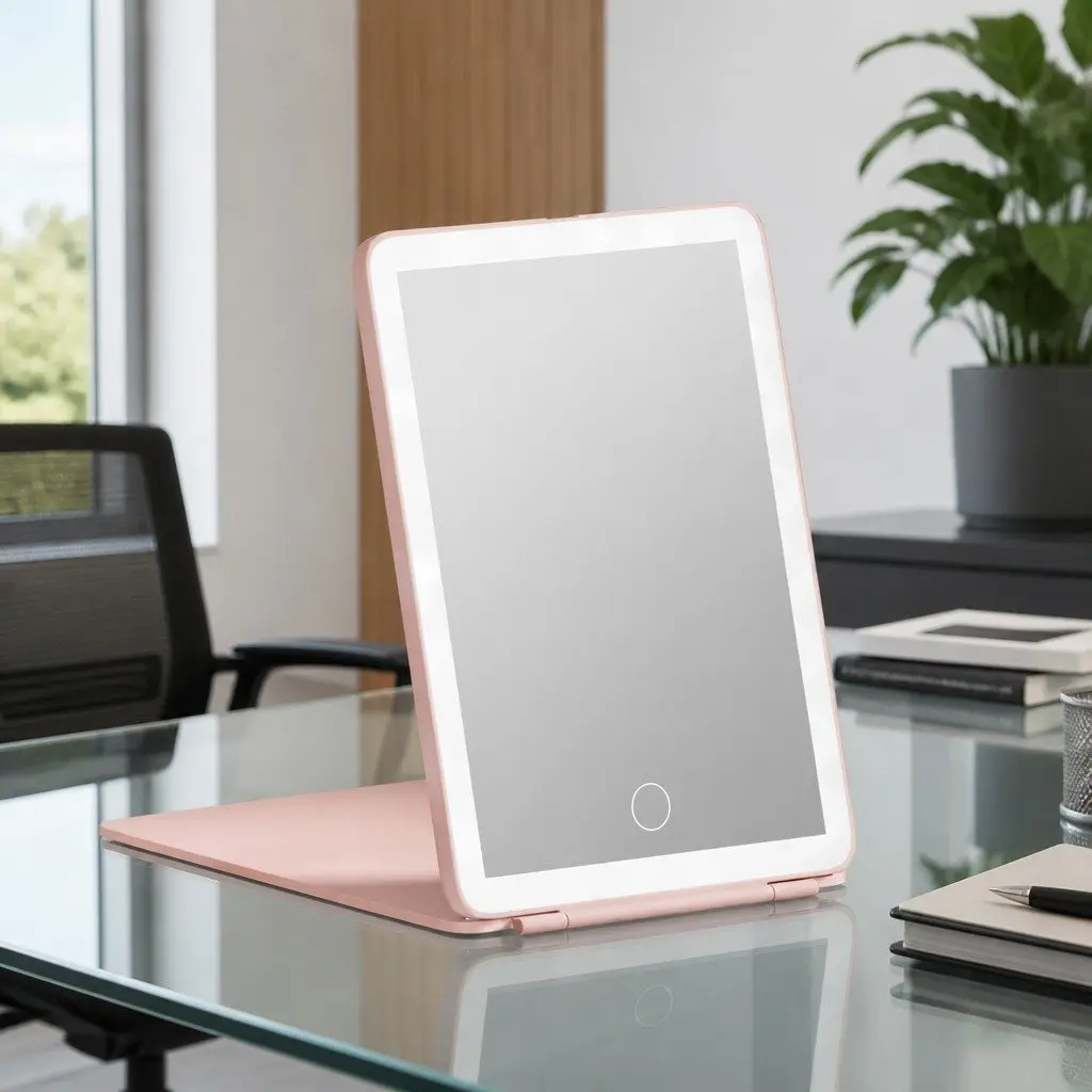 LED Makeup Mirror Portable Foldable Travel Beauty 20cm Pink