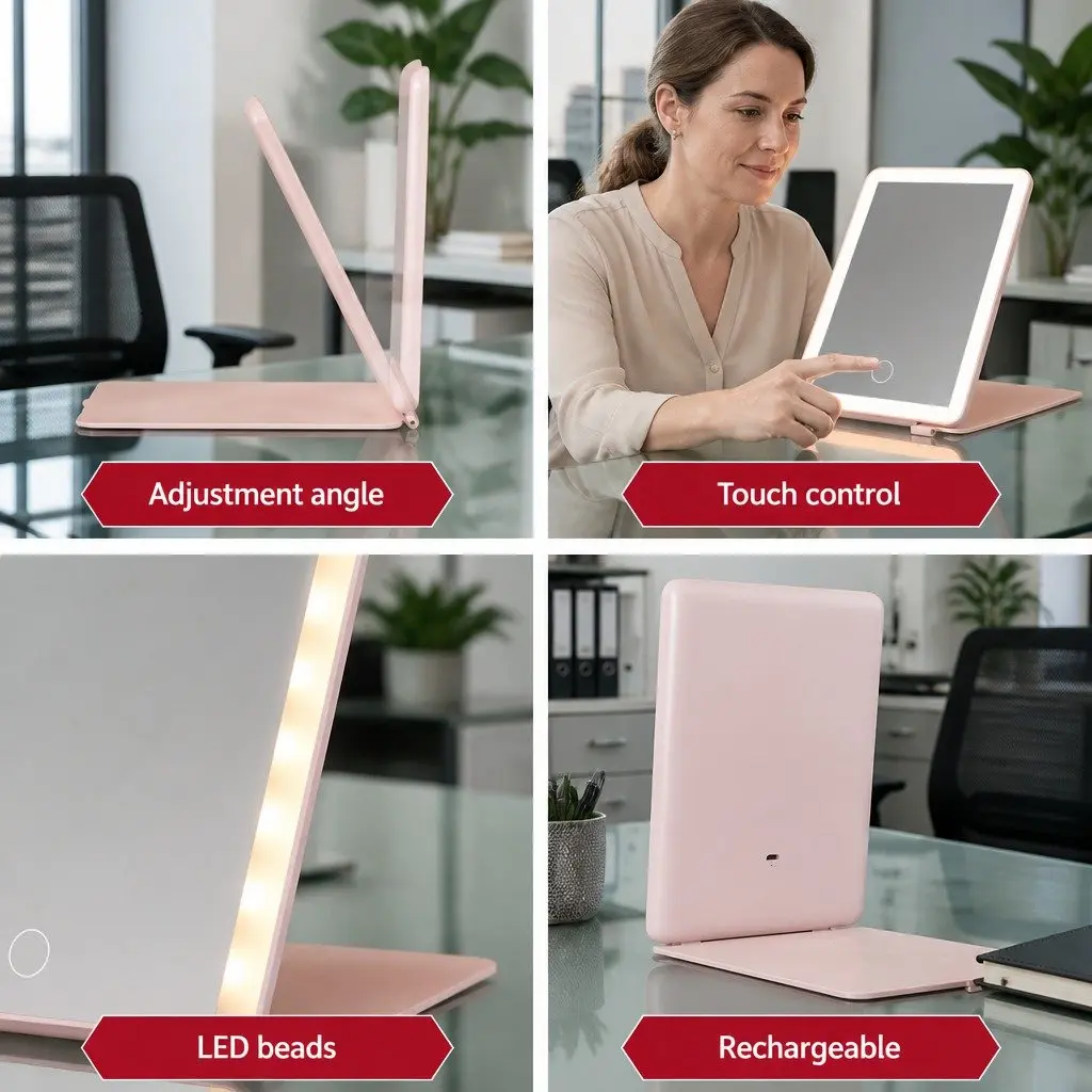LED Makeup Mirror Portable Foldable Travel Beauty 20cm Pink